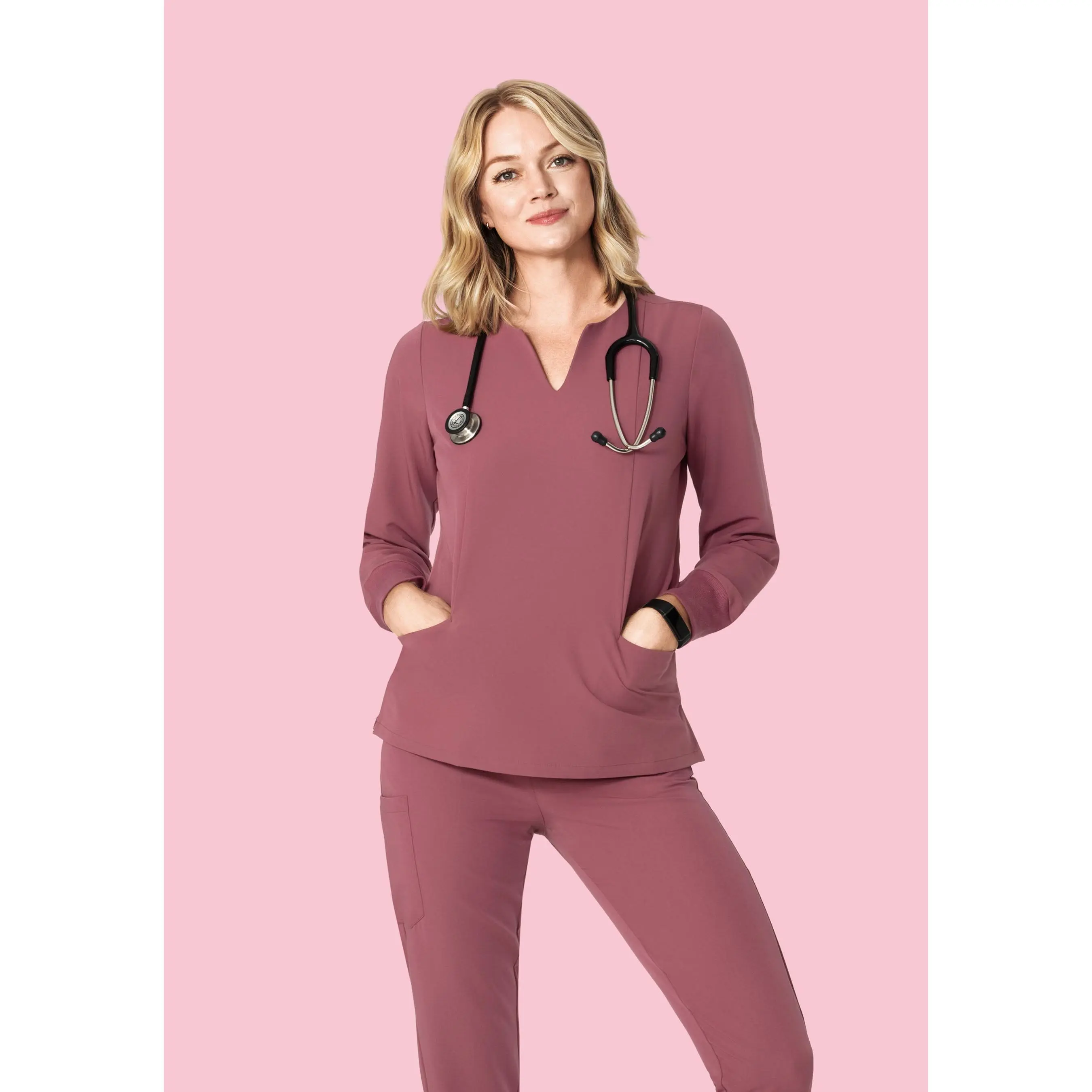 Mandala Scrubs Women's Long-Sleeve Notch Neck Mauve Workwear Top