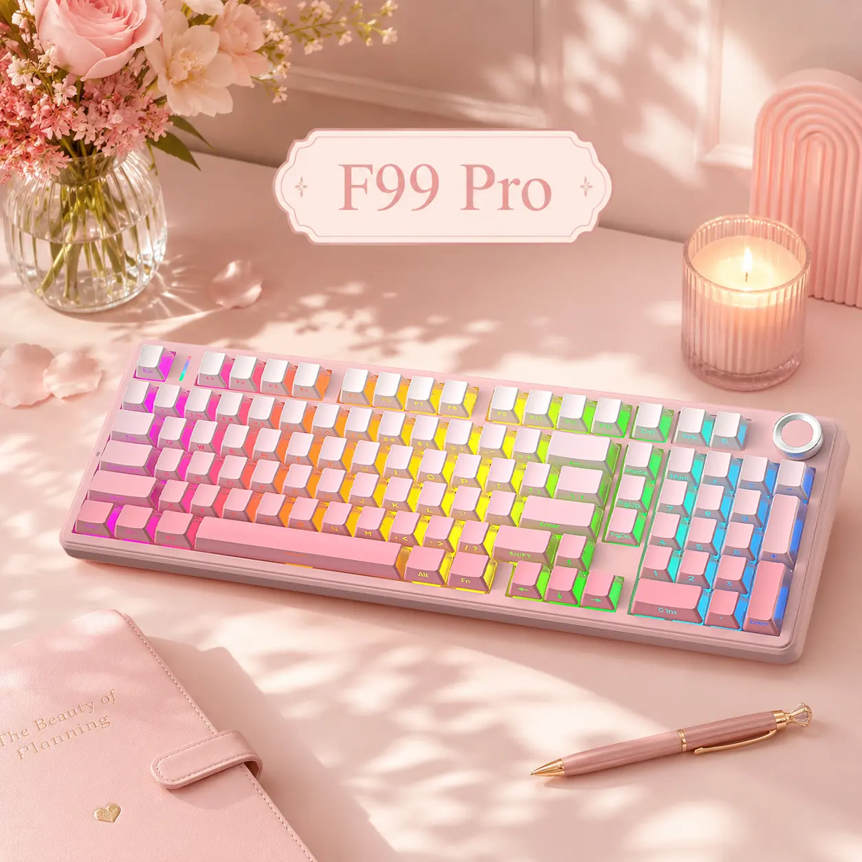[New]AULA F99 Pro Cute Aesthetic Silent Keyboard, Wireless Custom Mechanical Keyboard, Gradient Pink for Cozy Desk Setup, Tri-Mode USB-C Connection RGB Backlight,Hot Swappable Gaming Keyboard with Knob for PC Mac Multi-Device  Keyboard
