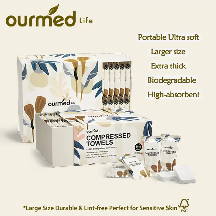 Ourmed Life Compressed Towel, Disposable Washcloths, 12 x 10 In, 112/56 Count Individually Wrapped Travel Essential Biodegradable, Expand with Water, Lint-Free, Dry & Wet Use,Camping and Hiking
