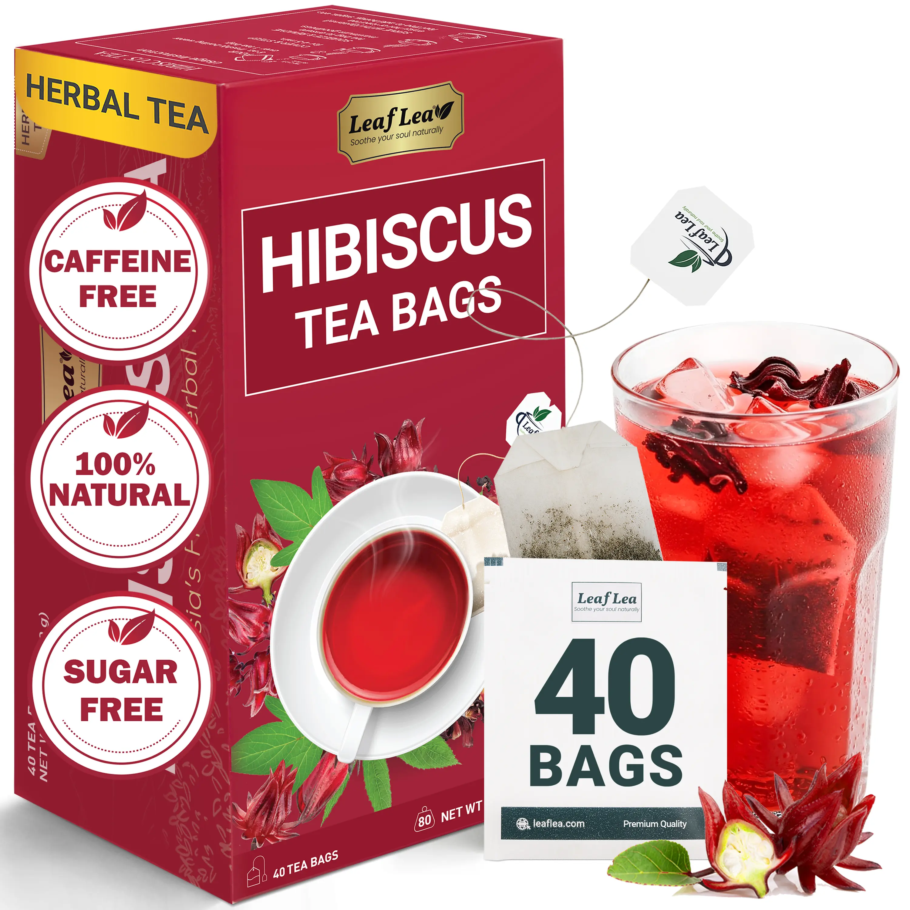 LeafLea Premium Natural Hibiscus Tea Bags, 100% Pure from Hibiscus Flowers, Caffeine-Free Herbal Tea, Hibiscus Flower Tea Rich in Natural Goodness and Flavor, No Sugar, Gluten-Free, Vegan