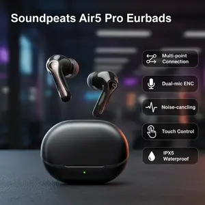 SoundPEATS Air5 Pro V5.4 QCC3091 Wireless Bluetooth Multi-Point Connection Sound Plus Dual-Mic ENC Noise-Canceling Gaming Mode Touch-Control Bluetooth Headset IPX5 Waterproof Compact and Portable
