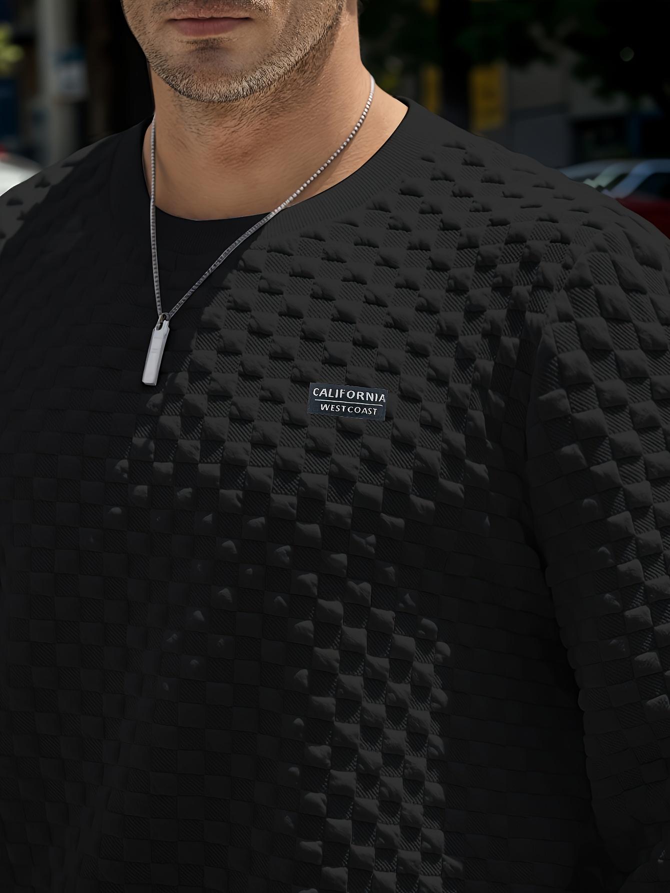 Men's fashionable checkered pattern long sleeved round neck sports shirt, made of 100% polyester knitted fabric, casual regular style, moderate elasticity, solid color cut with printed details, weighing 8.47 ounces per square meter. X