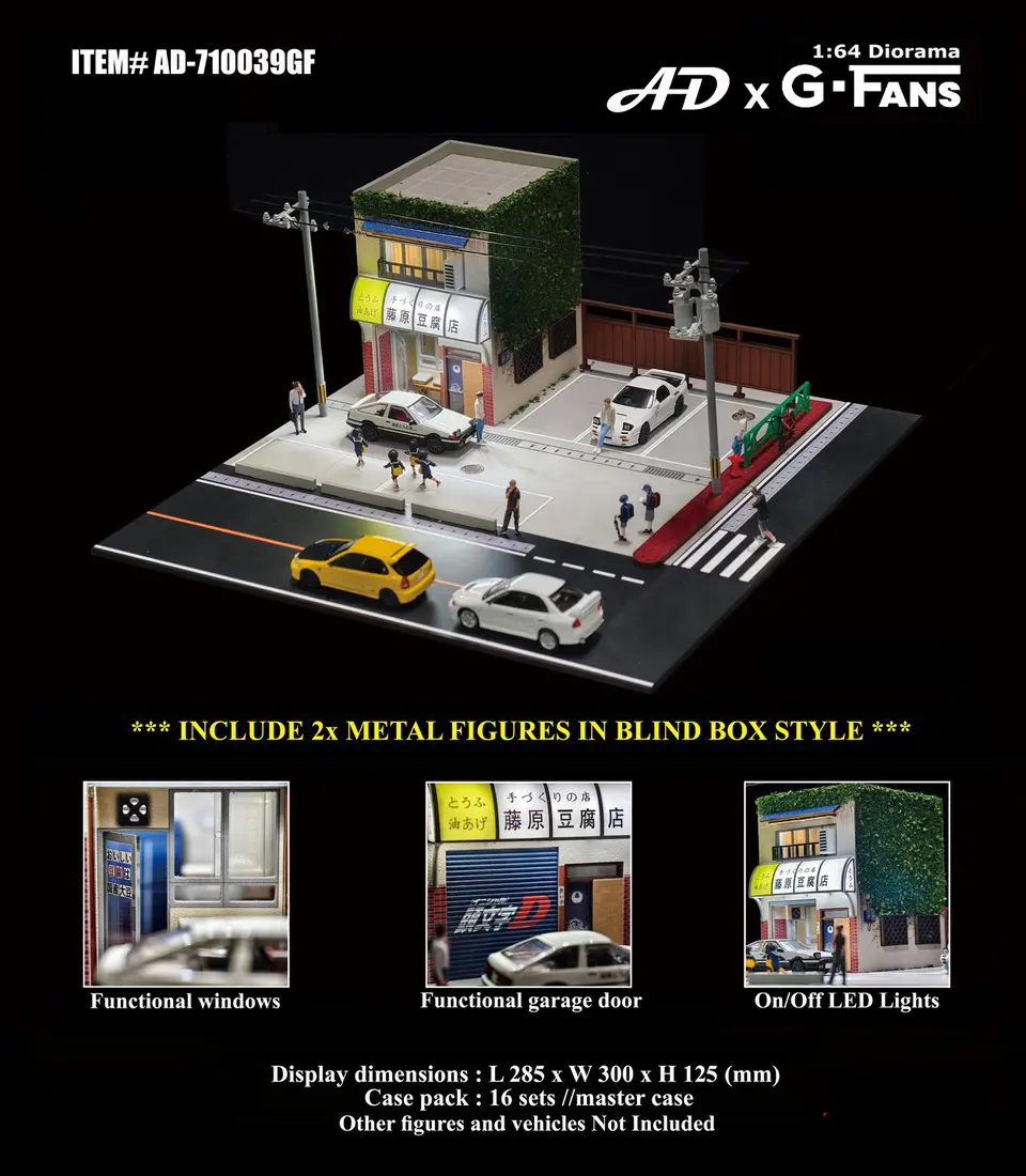 American Diorama AD x G-Fans ToFu Shop Diorama Display with LED Lights, Functional Garage Door, Windows 2 Metal Figures Ramdom Insert (Blind Box Style), 1:64 Scale Model