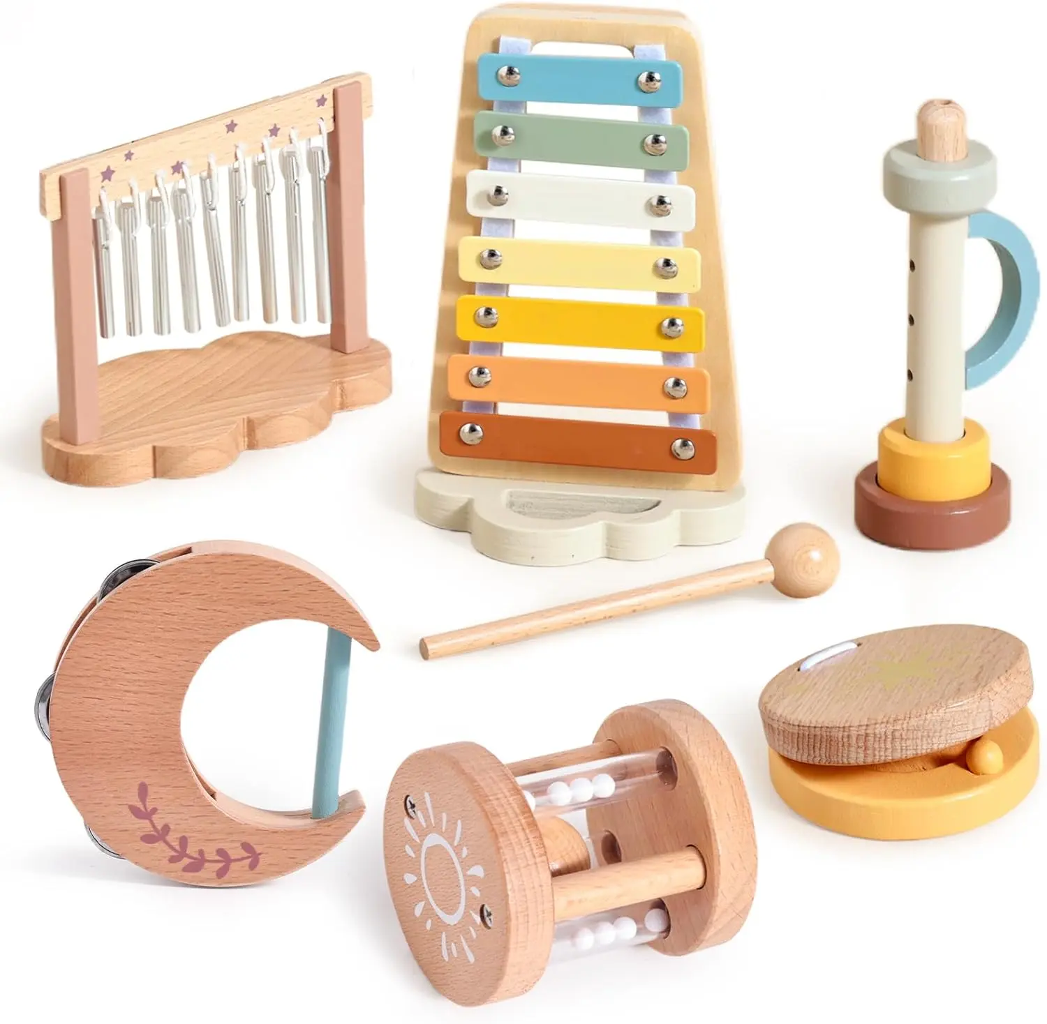 Montessori Wooden Percussion Musical Instruments Set with Xylophone & 1 Tambourine, Unisex Toddler Preschool Educational Play Toys for Holidays, Birthdays, Includes 1 Finger Castanet, 1 Hand Drum