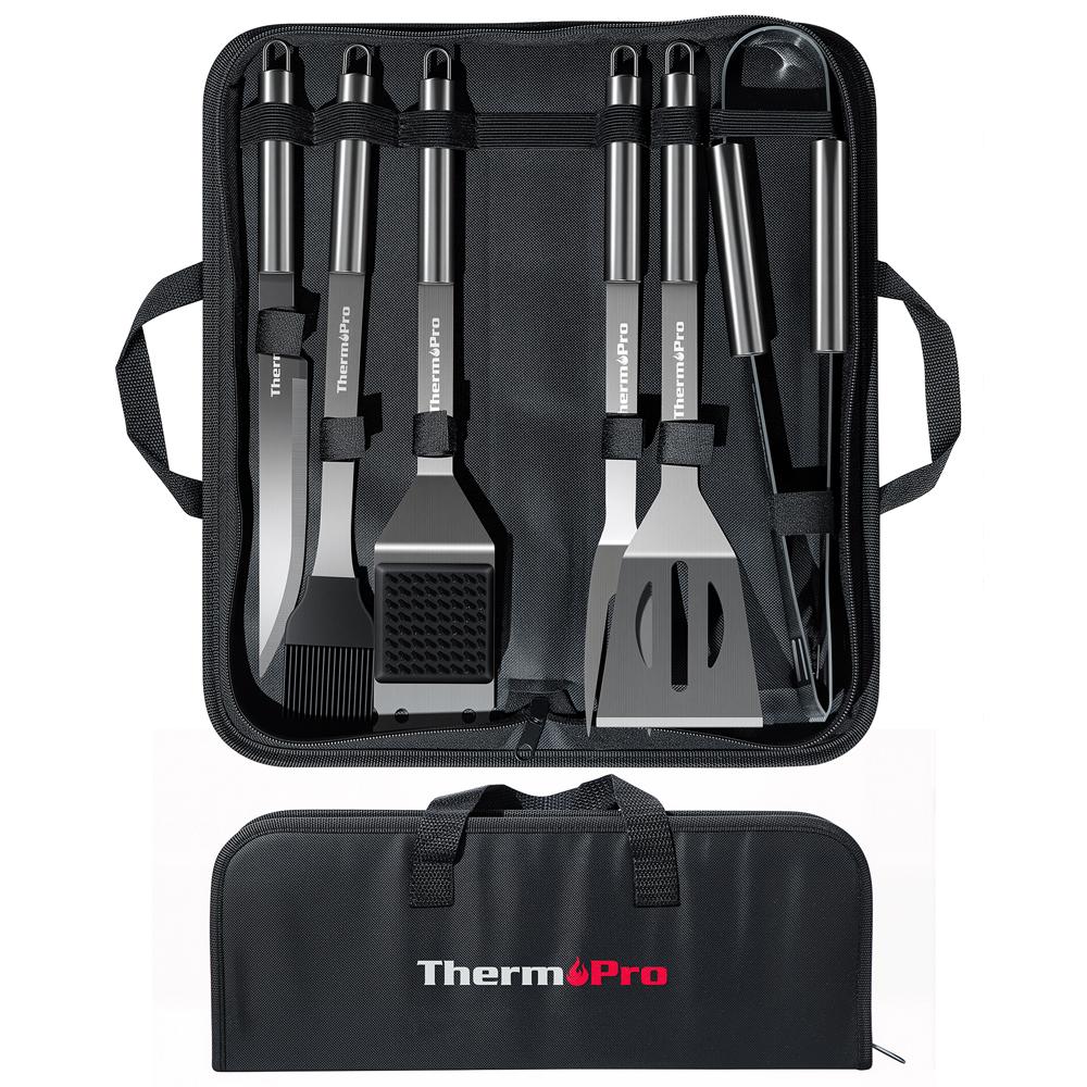 ThermoPro 6-Piece BBQ Tool Set | Heavy-Duty Grilling Kit for Home & Outdoor Cooking Stainless Steel Grilling Utensil Set Cast Iron Burger Press