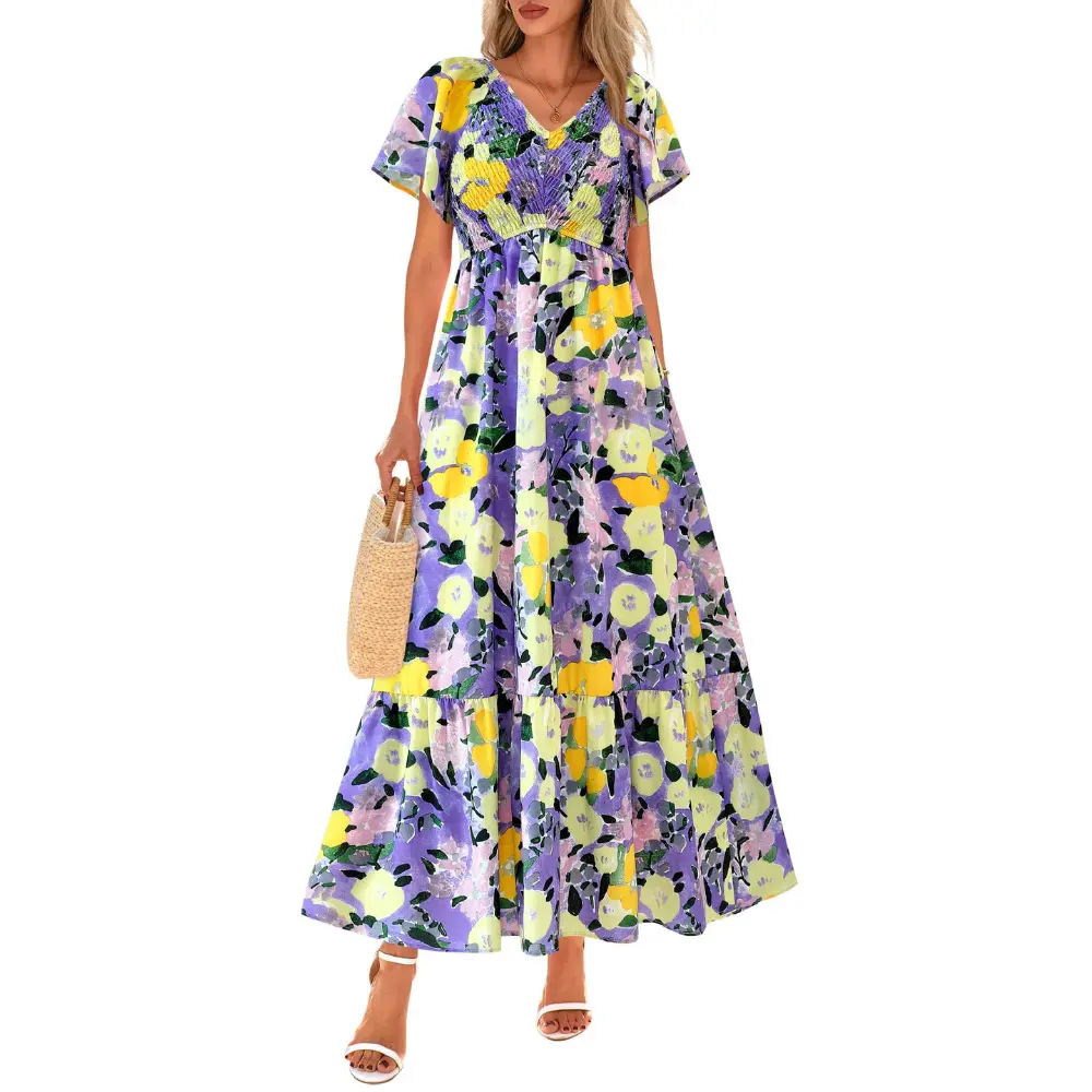 PrettyGarden Women's Boho Dresses Summer Floral Short Sleeve V Neck Smocked Flowy Beach Vacation Maxi Dress