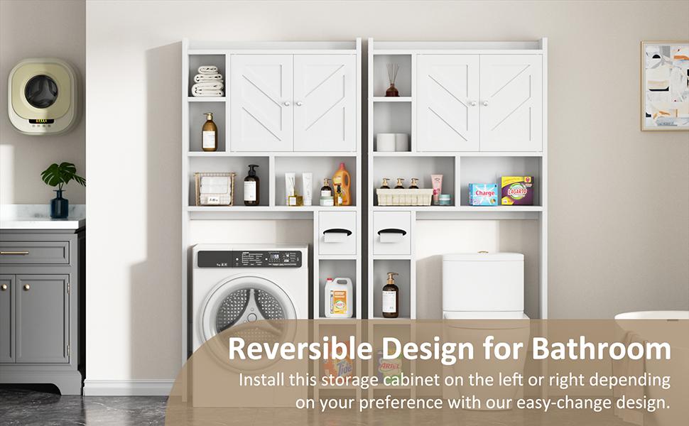 Walsunny Over The Toilet Storage Cabinet, Farmhouse Storage Cabinet with 2 Barn Door & Toilet Paper Holder Stand, Toilet Rack for Bathroom, Laundry Furniture Organizer, White