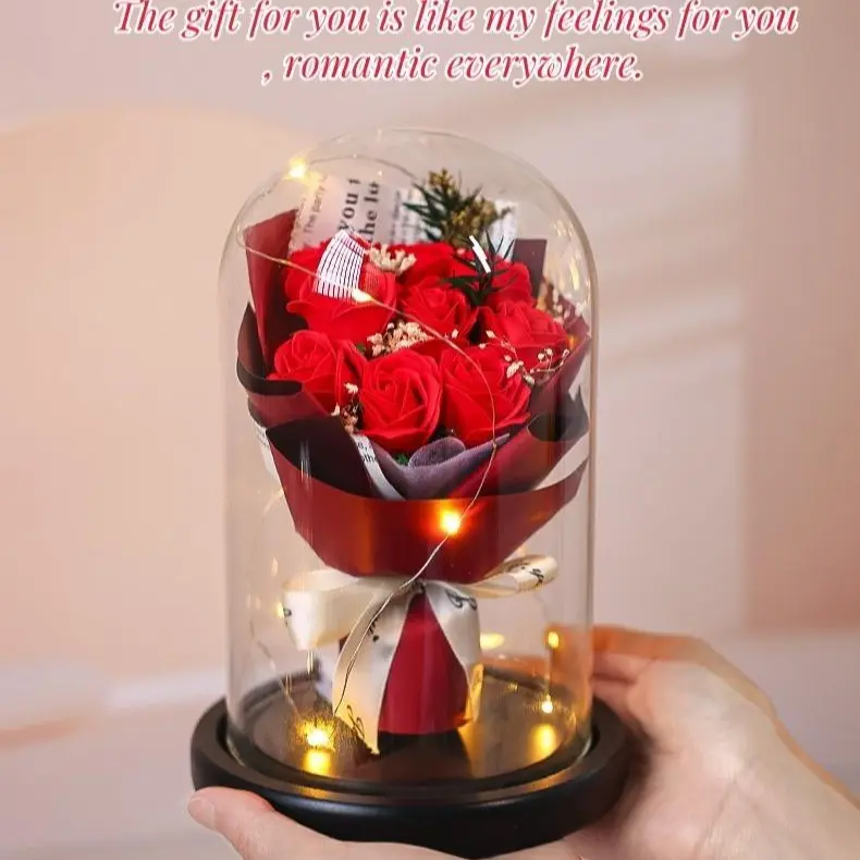 Preserved Flower Glass Covered Rose Bouquet - Festive Home Decor & Gift Under $100, Mother's Day/Bridal Shower Option, Unique Fruit Plant Accent for Partners & Loved Ones, Flowers, Bouquet Flowers