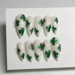 Hand-Painted Clover Press On Nails: 3D Gold St. Patrick's Day Art