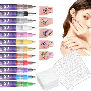 Nail Doodle Pen Set with 12 Vibrant Colors 50 Cleaning Wipes 2 Guide Templates Quick Dry Fine Tip for Detailed Art Beginner-friendly Home Manicure Kit
