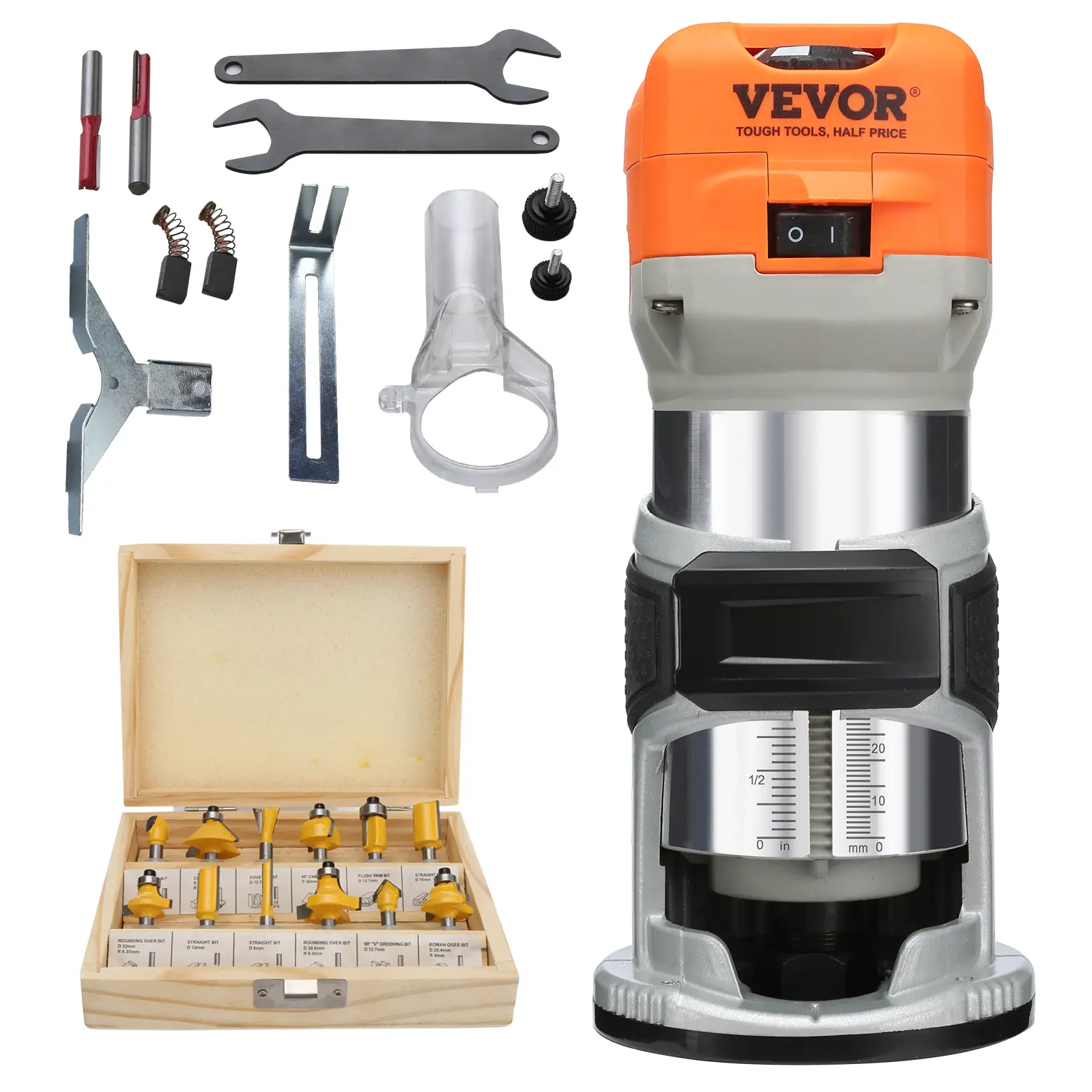【summerfinds】VEVOR Wood Router, 1.25HP 800W, Compact Wood Trimmer Router Tool, 30000RPM Max Speed 6 Variable Speeds, with 1/4'' & 5/16'' Collets 12 PCs Milling Cutters Dust Hood, for Woodworking Slotting Trimming, Power Tools, Cutting, Portable