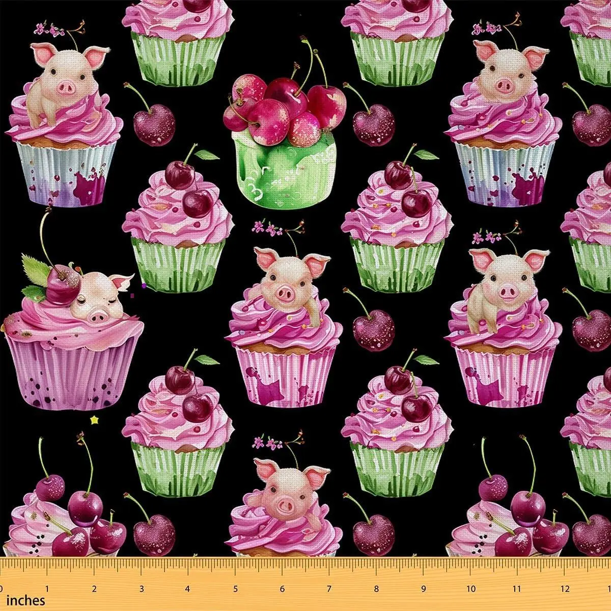 Feelyou Soft Polyester Watercolor Fabric by The Yard - Multiple Yards, Cute Pig Motif, Sweet Theme Home Decor, Colorful Cakes, Cherry Rose, Fruit Desserts, Non-Stretch, Waterproof, for Outdoor & DIY Projects Bolt