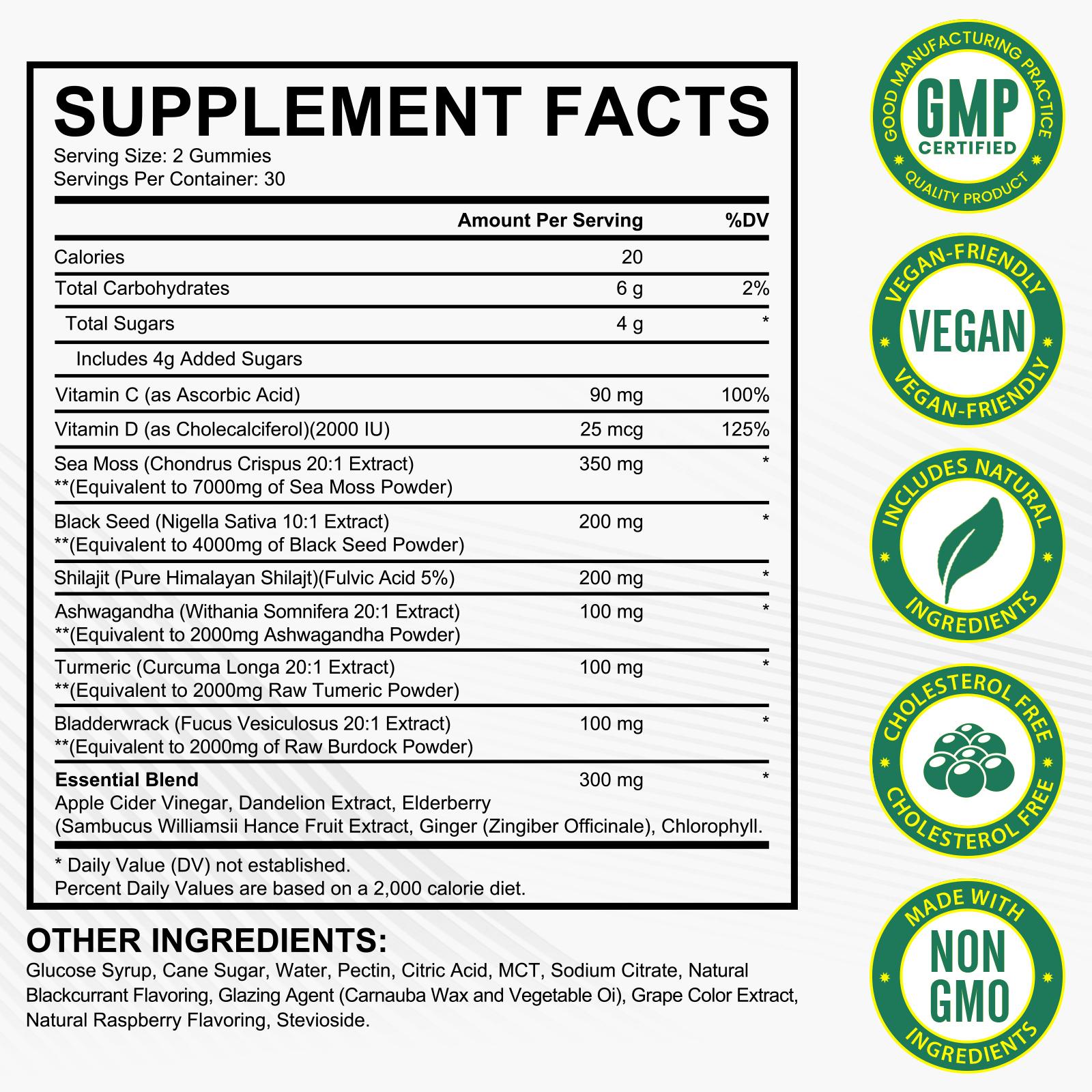 Acentialabs Sea Moss Gummies - 3000mg Sea Moss 2000mg Bladderwrack 800mg Ashwagandha 400mg Burdock Root - Vegan Energy & Immune Support Gummies 60 Count Healthcare Acentialabs Sea Moss Gummies - 3000mg Sea Moss 2000mg Bladderwrack 800mg Ashwagandha 400mg Burdock Root - Vegan Energy & Immune Support Gummies 60 Count Healthcare