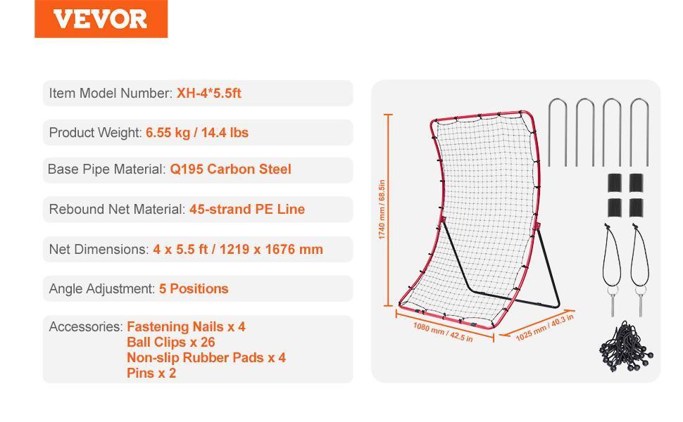 【Father's Day】VEVOR Baseball And Softball Rebounder Net,  , 4 x 5.5 ft PitchBack Baseball Pitching Nest, Pitch Return Trainer Rebound Net with Pitching Target, All Angle Fielding Rebound Net for Grounders Pop Flies