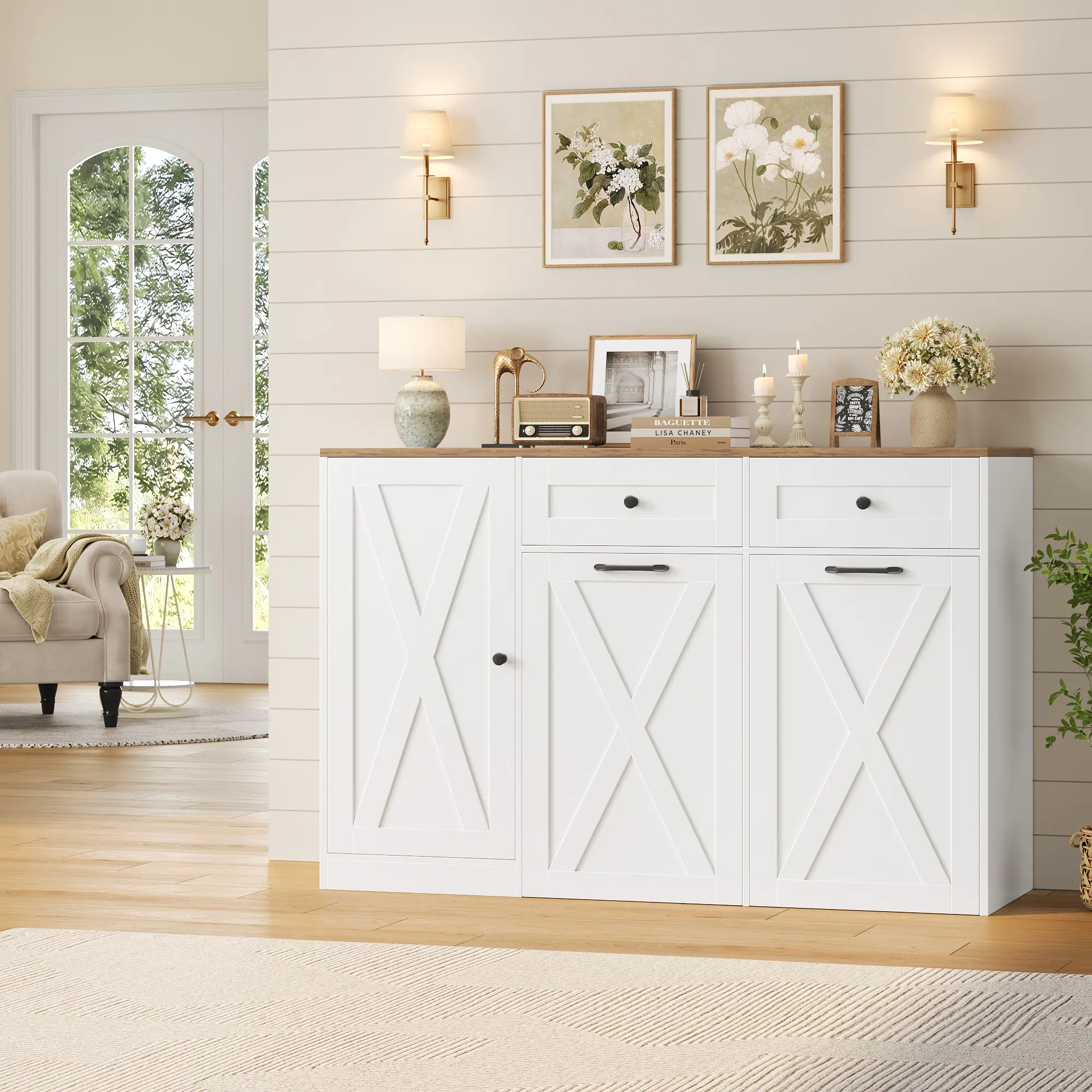 HOSTACK 47" Farmhouse Double Trash Can Unit - 12.5 Gal Hidden Kitchen Storage with Pull-Out Garbage Bins, Modern Storage Sideboard Buffet for Kitchen & Dining Room, Modern Storage Cabinet,dorm essentials,home decor