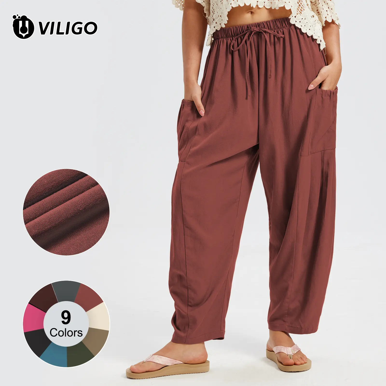 VILIGO Women's Pants Baggy Wide Leg Casual Beach Travel Vacation Palazzo Harem Barrel Flowy Pants Minimalist