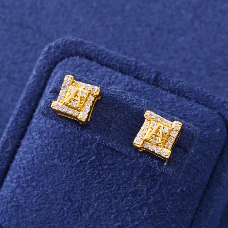 【#E592】Square letter Ice Out earrings UCCIYO Synthetic Moissanite Earrings For Women 925 Sterling Silver Stud Earring Men Hip Hop Jewelry Couple Gift