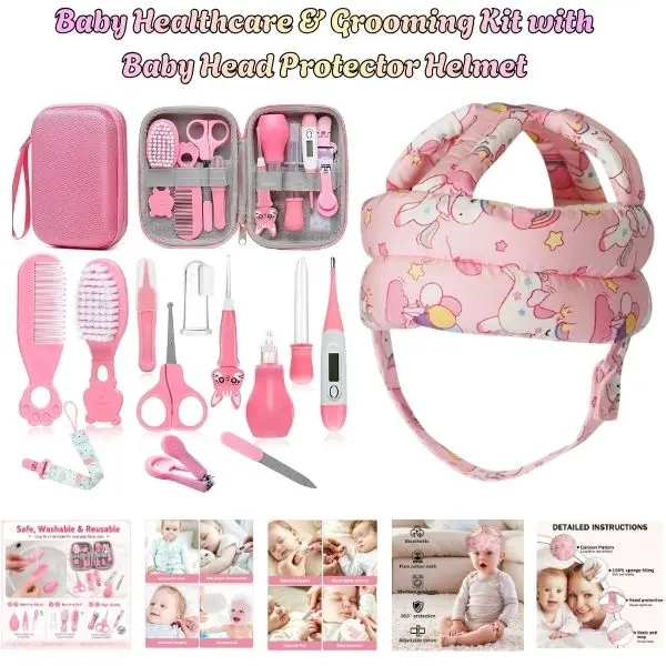 2-in-1 Baby Essentials Gift Bundle – Baby Healthcare & Grooming Kit with Head Protector Helmet, Hair Brush, Nail Clipper & Thermometer, Newborn Safety Set, Perfect Halloween Baby Gift