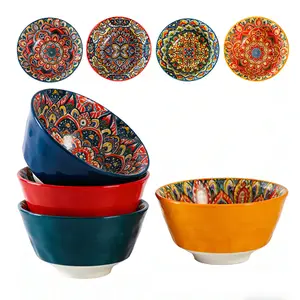 4 Pcs Bohemian Style Ceramic Bowls, 4.8-inch Pasta Bowls Set, 12 Oz Colorful Bowl, Housewarming Gift, Dishwasher & Microwave Safe- for Dessert, Salad, Soup, etc