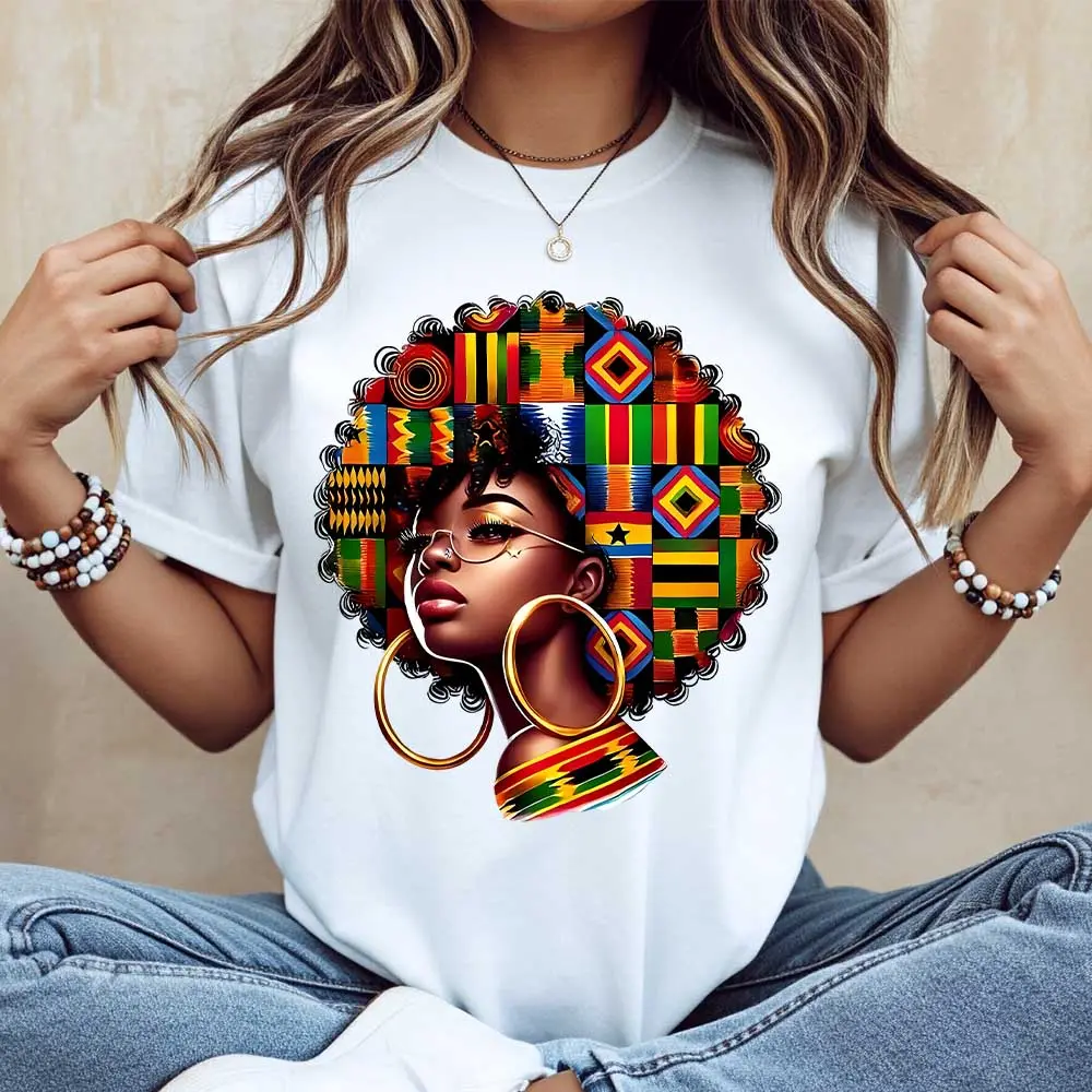 Women's African Kente Pattern Round Neck Short Sleeve Sports Top - White, Glasses Accent, Casual Streetwear, African Theme, 2XL/3XL, All Seasons, Casual Fit