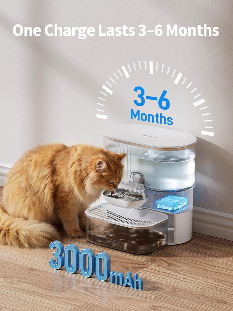 Wireless cat water fountain without filter cartridge, waste water separation function, MAKTART stainless steel bowl, 3000 mAh battery, 3.5 L water dispenser for cats and dogs, white