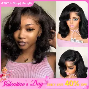 Live. Menglle Hair Glueless 7X6 Lace Front Human Hair Shoulder Length Wavy Short Bob Wig Honey Blonde Highlight Blonde / Natural Black / Brow Medium Cap Size