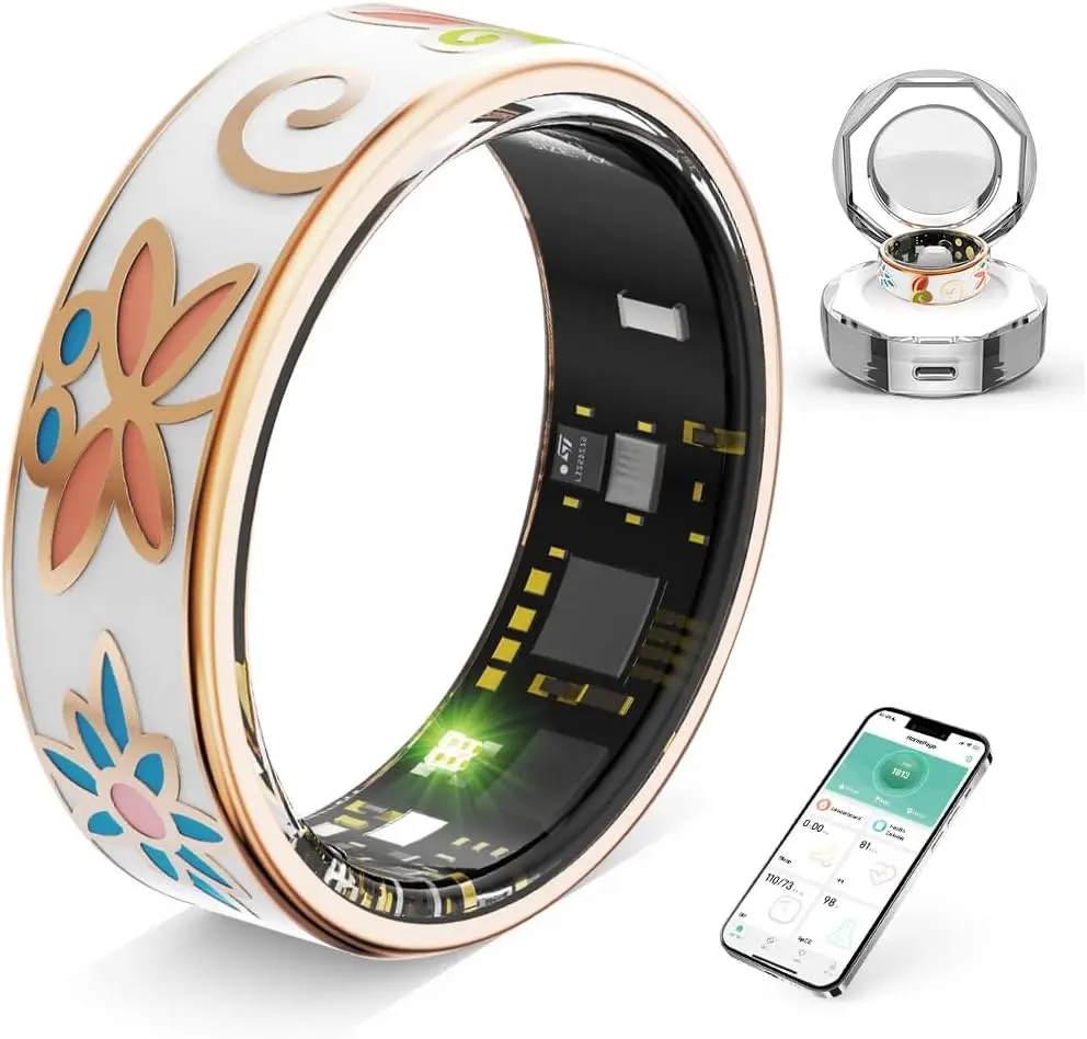 Flora Enamel Smart Ring for Women - Wearable Device, Activity & Wellness Tracker, Fitness Monitor, Step & Calorie Counter, Stylish Durable, 5-7 Days Battery, Flora Enamel+Crystal Charging Box, No Monthly Fee, Women's Gifts, Wearable Devices, Womens Gifts,