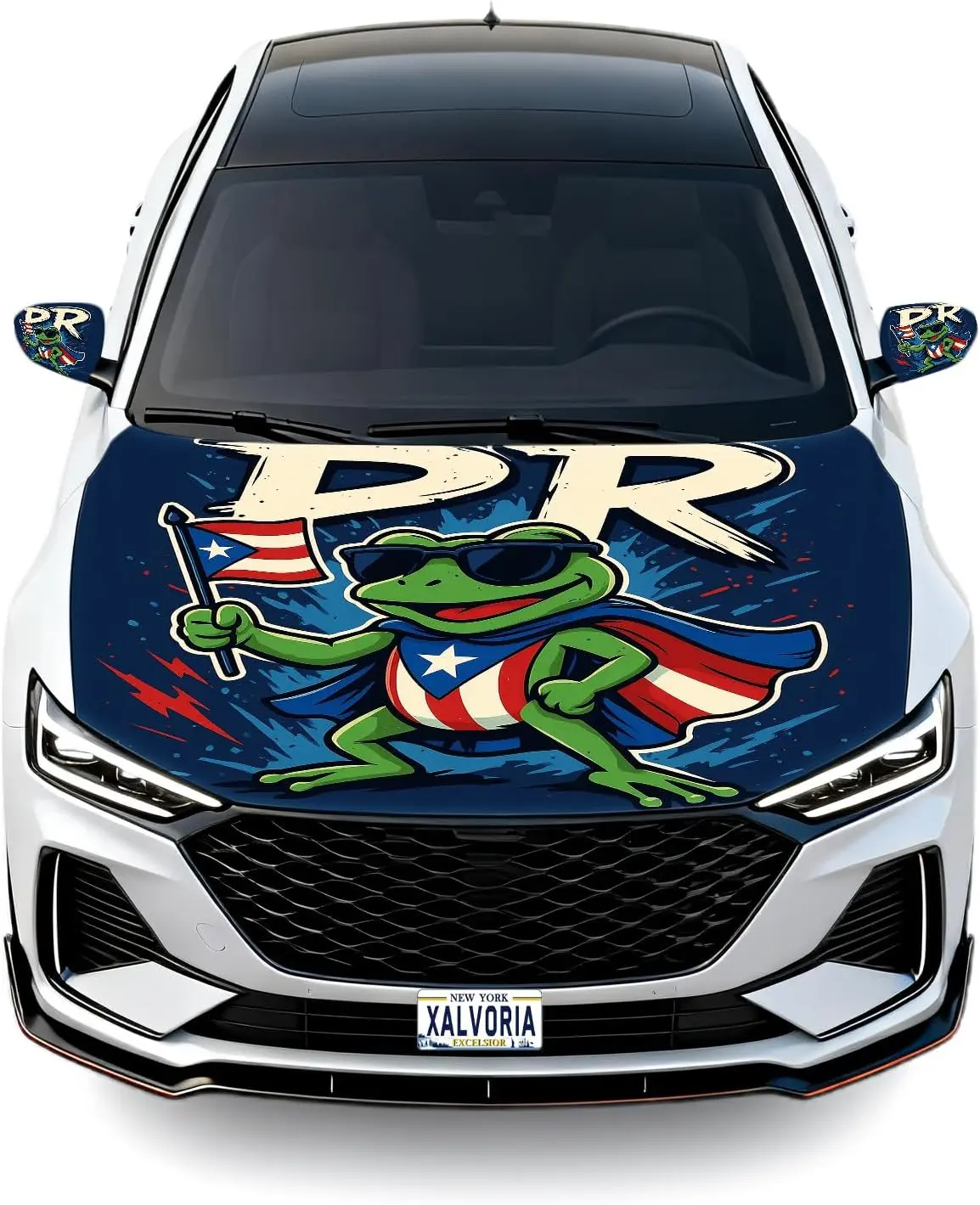 PR Coquí Frog Puerto Rico Flag Car Hood Cover Set with Mirror Covers Stretchable Hood Wrap for Cars Trucks SUVs