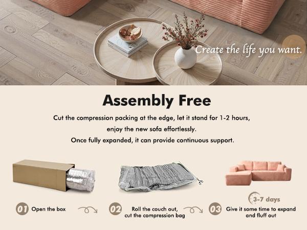 HOOOWOOO 106" Modular Pink Cloud Couch with Chaise Lounge, 【2 Packages Shipping】Modern Sectional Boneless L-Shaped Modular Plush Corduroy Sofa for Living Room Bedroom, No Assembly Required, Pink