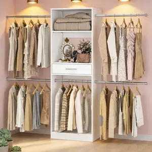 8FT Closet System, 96 Inch Walk-in Closets Organizer Kit with 4 Extendable Hanging Rods and Drawer, Protable Wardrobe Closet Storage Organizer with Adjustable Wood Garment Rack, Sturdy Closet Insert, White