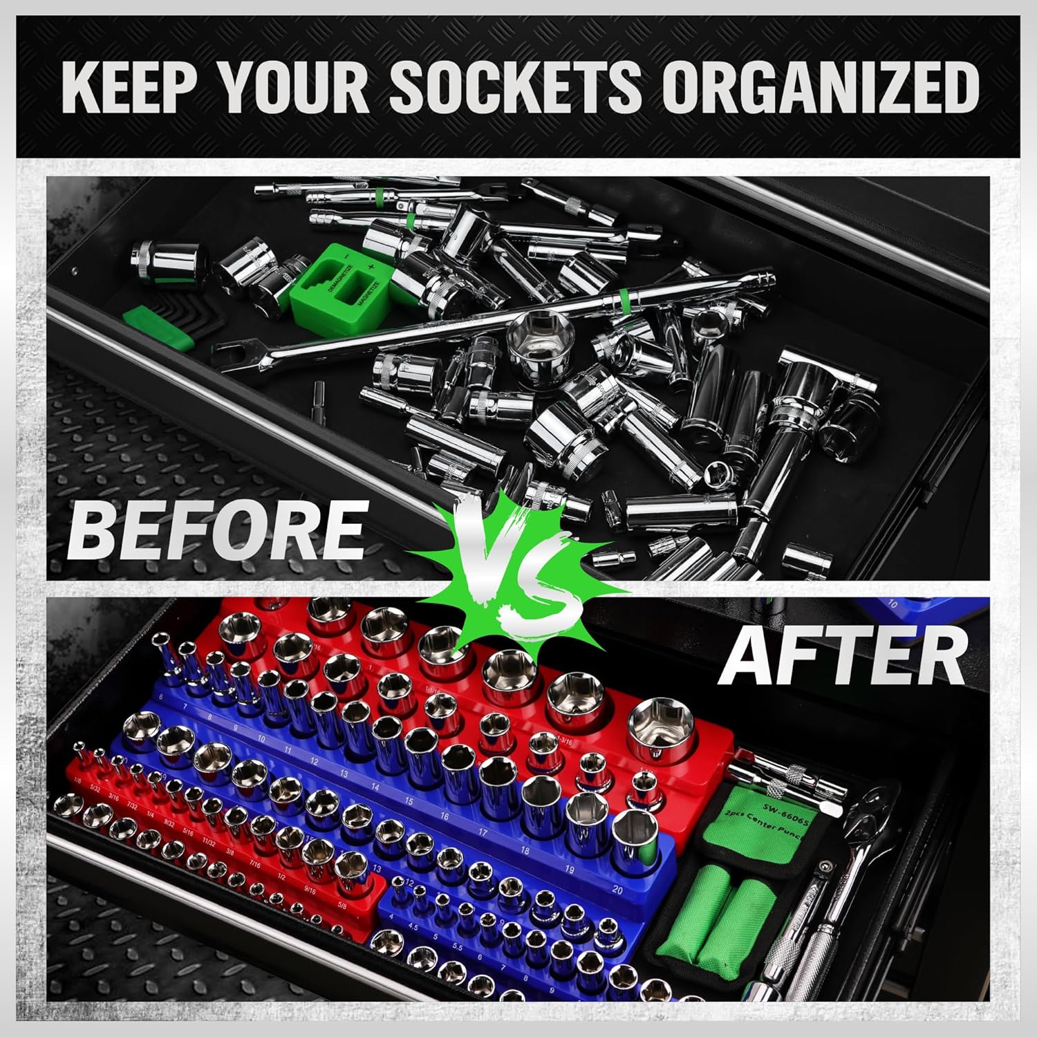 Magnetic Socket Organizer, 6 Piece Socket Holder Kit, 1/2-inch, 3/8-inch, 1/4-inch Drive, Holds 143 SAE&Metric Sockets, Red & Blue, Professional Quality Tools Organizer Hardware Heavy Duty #TikTokShopBlackFriday