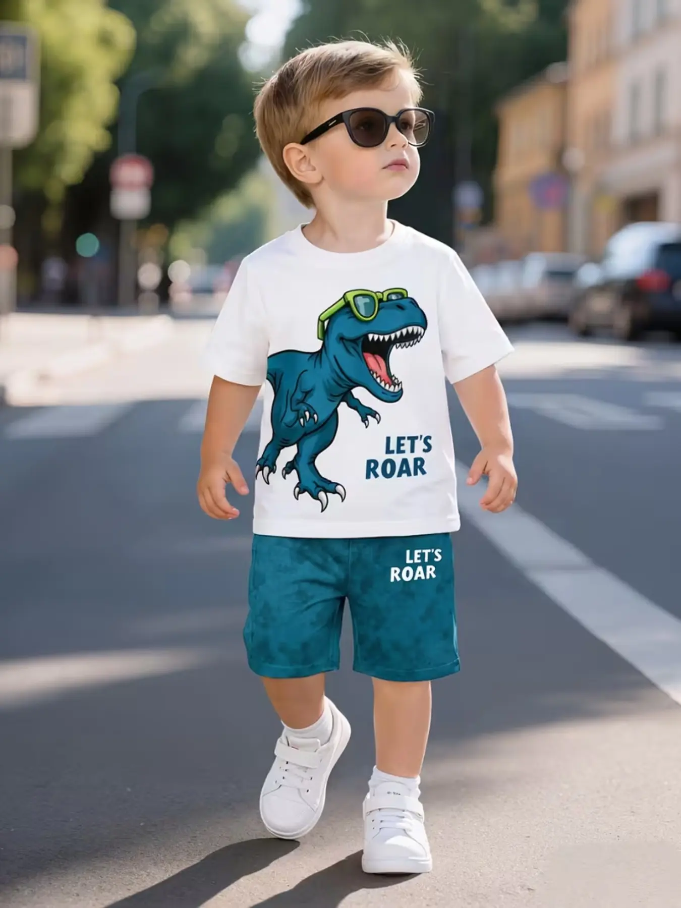 Cute Graphic Print Set Blue Color Block Dinosaur Print Short Sleeve Shorts, Essential for Dinosaur Lovers, Fun and Comfortable, Summer Clothing Set