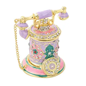 Livmore White  Crystal Enameled Telephone Shape Trinket Box in Goldtone