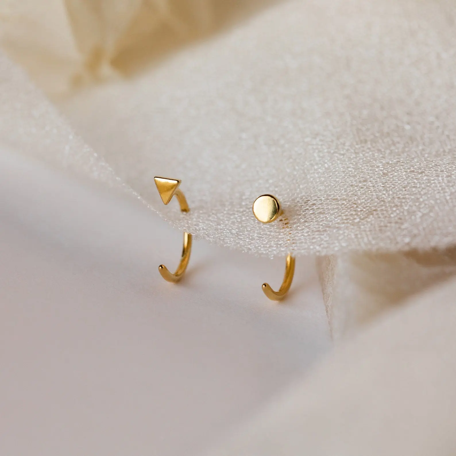 Tiny Circle & Triangle Huggies by Caitlyn Minimalist - Geometric Open Huggie Hoop Earrings - Dainty Mismatched Stacking Earrings - Best Friend Gift