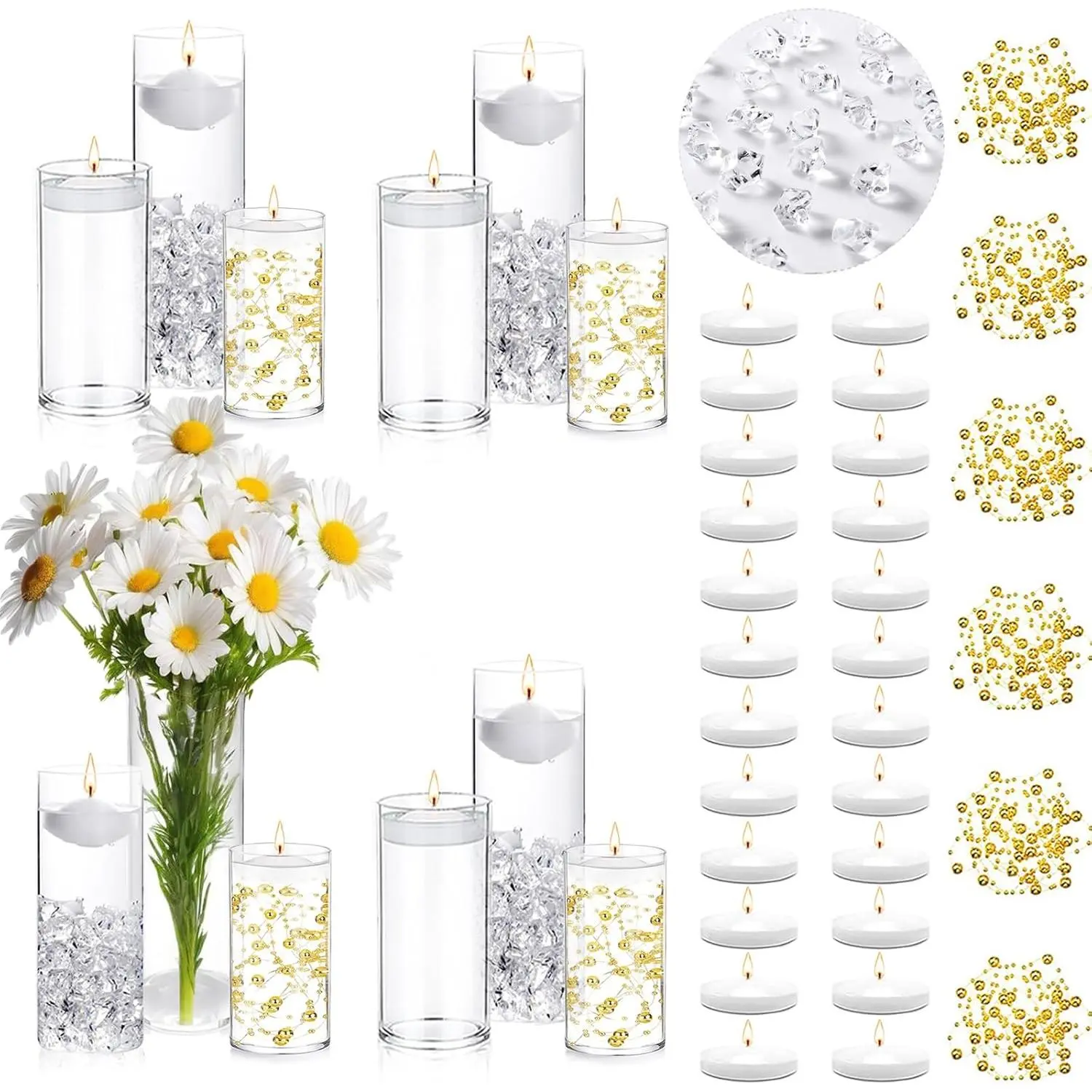 24 count Floating Candles 12 Glass Vases for Centerpieces with 400   Ice Cubes 6  String Vase Filler Floating Candle Centerpieces for Tables Party Event Wedding  Decor