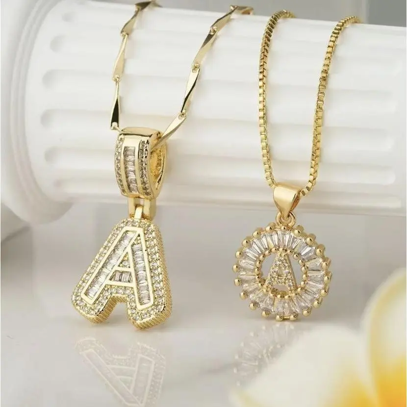 2 Count initial Letter Necklace Set with Zirconia Stones | Golden/Silver Bubble Necklaces for Women | Iced Out Necklace For Men |   Anniversary Gift |   Letter Alphabet Necklace Zircon Stone pendant necklace initial zirconia stone tiktokshopspringglow