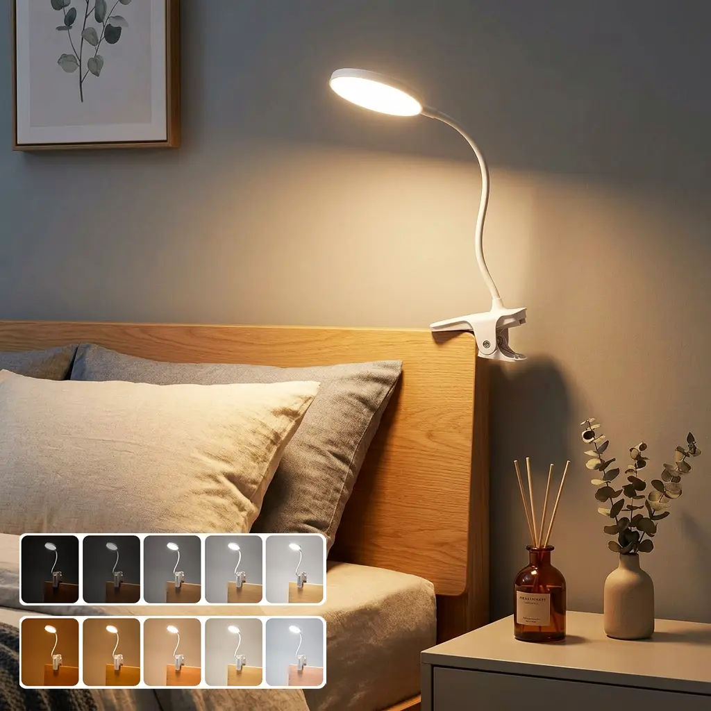Clip-on LED Lamp for Bedroom - 3600mAh Rechargeable Cordless Lights, 360 Flexible Gooseneck, 5 Color Modes, 5 Brightness Levels, Eye-Caring, Fits Bed Reading, Desk, Travel, Perfect Gift for Home Improvement Use, Led Lights Bedroom, Lights For Bedroom