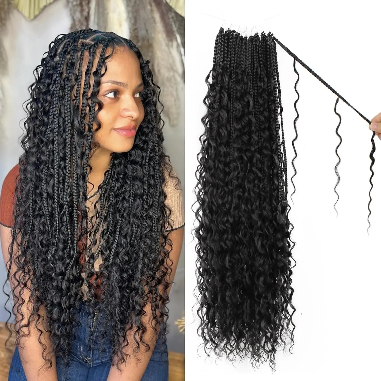 ENBEAUTIFUL 18 Inch Boho Goddess Box Braids Crochet Hair, 8 Pack Pre-Looped Protein Silk Fiber Hair Extensions for Women, 1B Natural Black with Soft Curls, Synthetic Braided, Goddess Braids