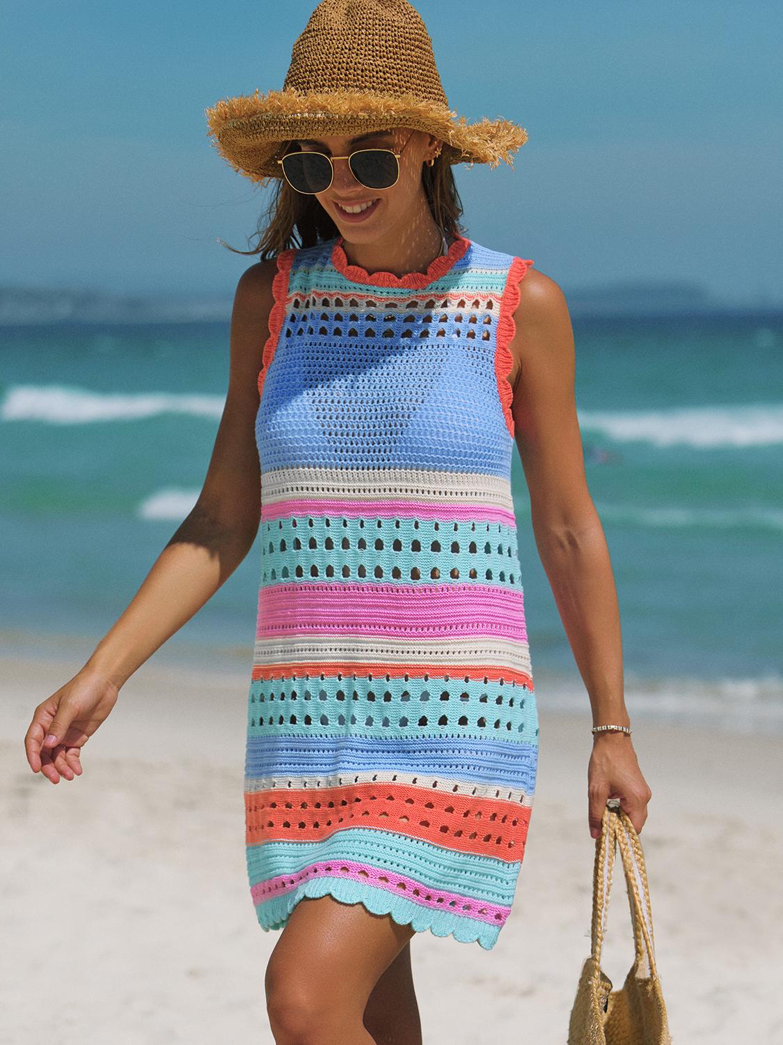 Popvil Color Contrast Women’s Crochet Knit Swim Cover-Up Dress with Colorblock Design – Vacation & Beach Ready
