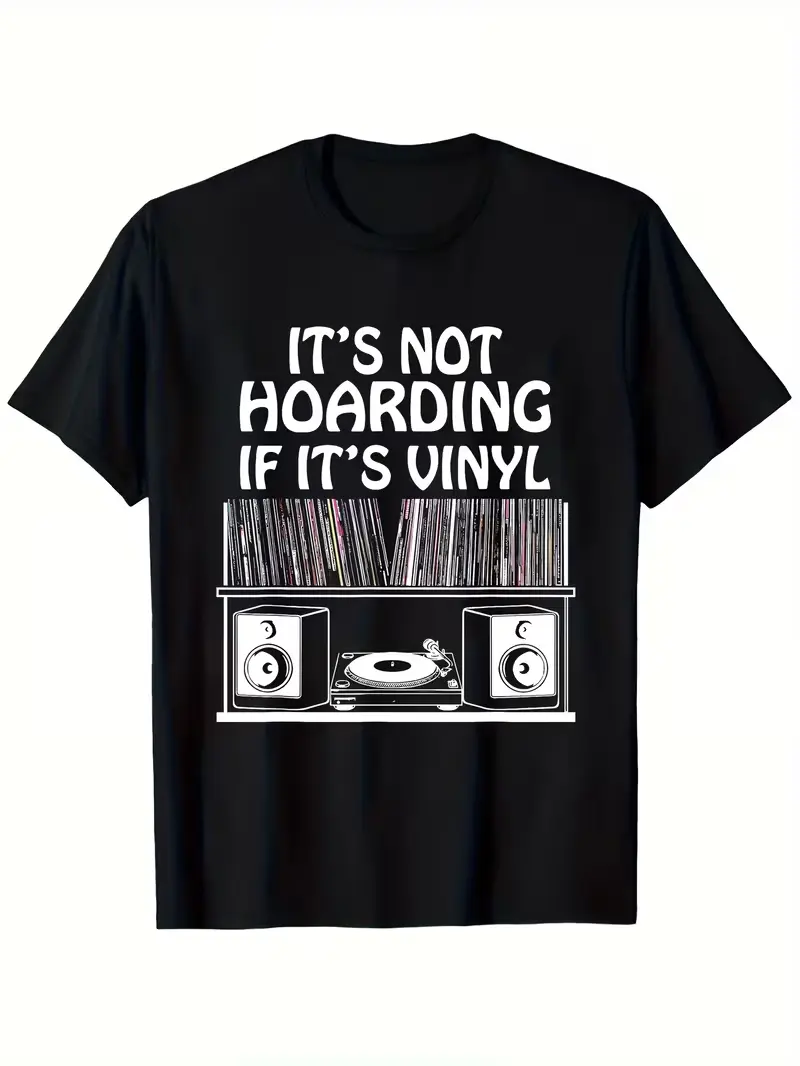 Men's Shortsleeve Vinyl Record Enthusiast T-Shirt - "Not Hoarding, Just Collecting" Graphic, Soft Breathable Casual Music-Themed Top, Vintage Heat Transfer Print, DJ Gift