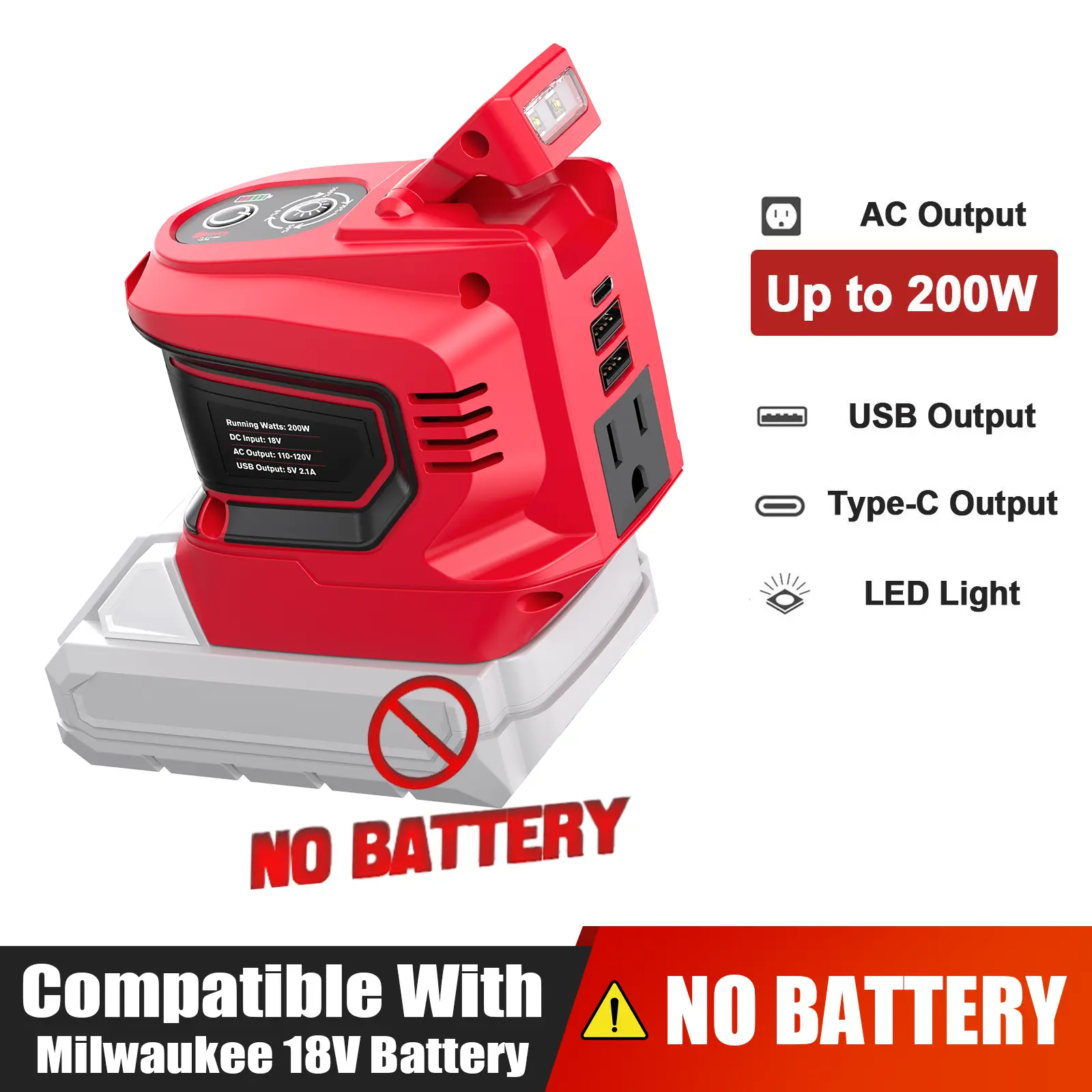 200W Power Inverter for Milwaukee 18V Battery, Battery NOT Included, DC 18V to AC 110V~120V Battery Inverter, Portable Power Station Generator with 2 USB Ports & 1 Type-C & 1 AC Outlet