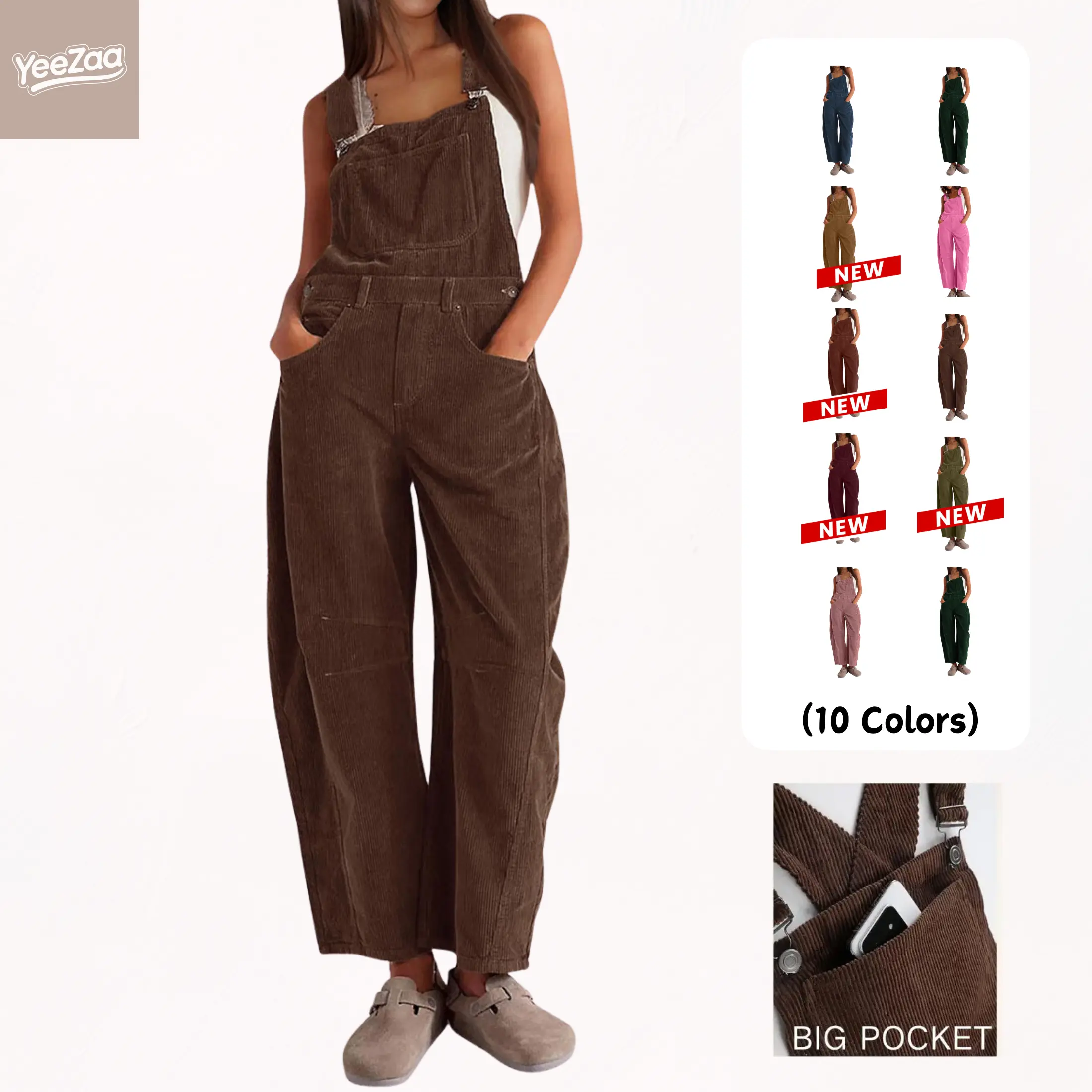 Women’s Corduroy Overall Barrel Wide-Leg Bib Corduroy Pants from YeeZaa 2026 Spring Adjustable Romper Jumpsuit with Pockets for Fall/Winter
