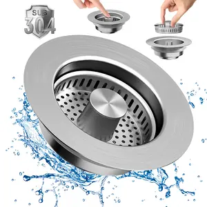 Kitchen Sink Drain Strainer 3 in 1, 304 Stainless Steel Pop Up Sink Stopper, Anti-Clogging Sink Drain Strainer for US Standard Kitchen Drain
