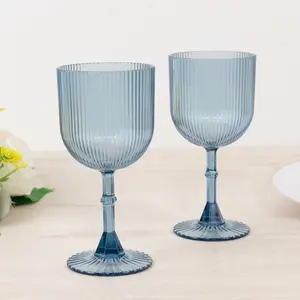 12-Pack Plastic Goblets Dusty Blue Vintage Ribbed Pattern - Transparent Reusable Shatterproof Glassware 9oz