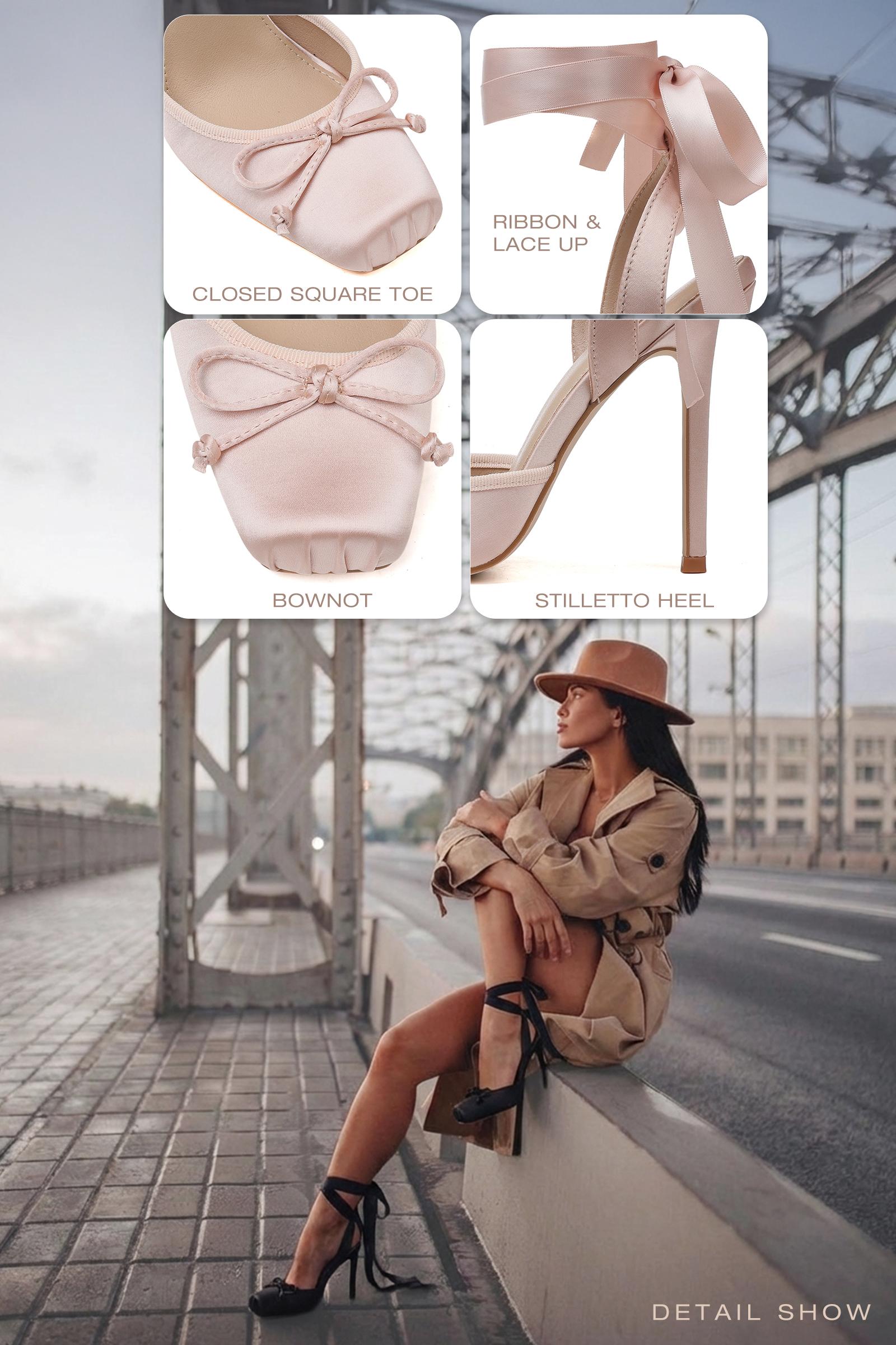 CYNLLIO Womens Satin Ballet Heels Closed Square Toe Elegant Lace Up Bownot Ribbon Ballerina Stilletto Heeled Sandals Cute Ankle Strap Slingback Pumps Strappy Mary Janes Slip On Comfy Wedding Party Casual Work Dating Fashionable Spring Heel Ballerina Heel