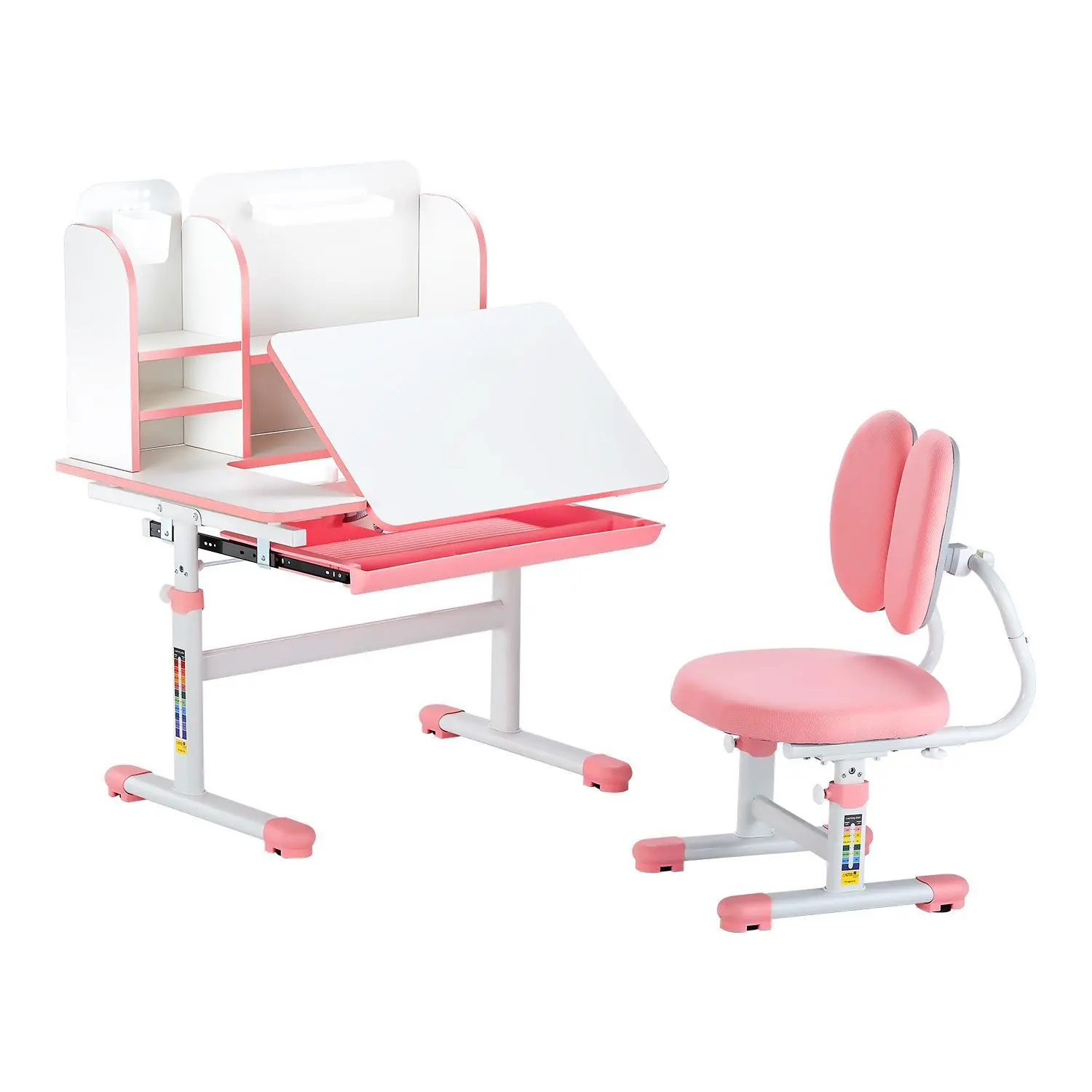 VEVOR Kids Study Chair and Desk Set,  , Study Desk and Chair for Kids with Bookshelf & Storage Drawer, Adjustable Height & 0-40° Tilted Desktop Desk and Chair, Study Table for Bedroom & Study Room, Pink#BackToSchool