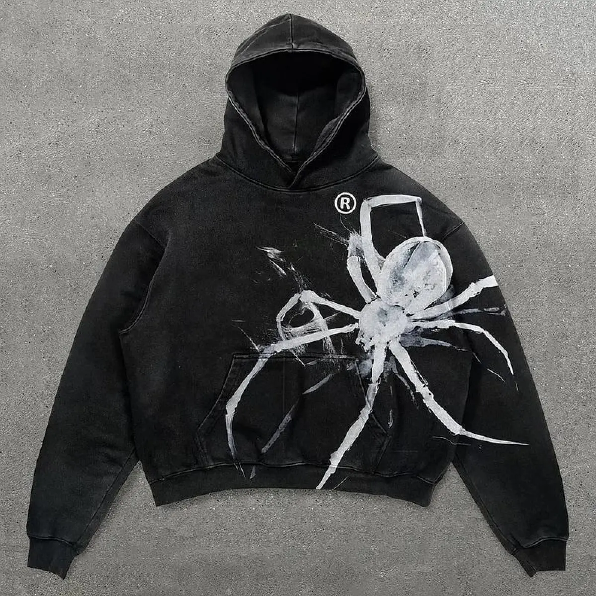 Vintage Spider Graphic Acid Washed Oversized Hoodie, Menswear Garment Tops Long Sleeve Collar Button-up, Full Size, EverydayWear, ModernStyle, DailyEssential, Breathable, UrbanStyle, EverydayEssential comfy chic fall