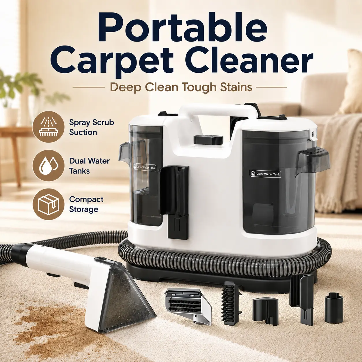 Portable Pet Home Cleaning Machine, 13.5kPa Powerful Suction Vacuum with Dual Tank Power, 5m Cord, Dual Water Tanks, Sofa Stain Lifting & Area Rug Cleaning Upholstery Spot Cleaner for Stairs, Car Seats, Clean Floors Solution
