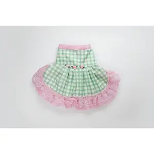 Mint Green Gingham Dog Dress with Soft Pink Ruffled Lace Trim & Delicate Ribbon Roses for Special Occasions