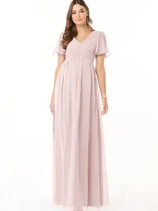 Azazie Verna A-Line V-Neck Ruffle Sleeve Pleated Maternity Bridesmaid Wedding Guest Formal Dress